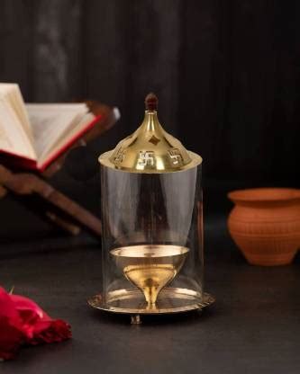 ZemPark Brass Akhand Diya with Glass Cover |Oil Puja Lamp| Brass Table ...