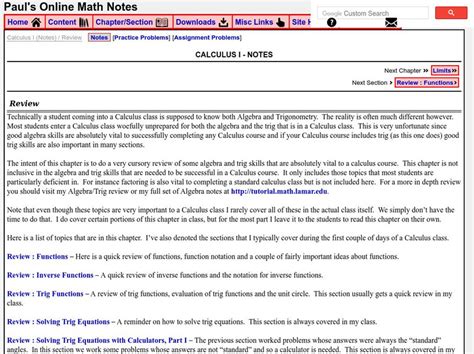 Paul's Online Notes: Calculus I: Review Activity for 9th - 10th Grade ...
