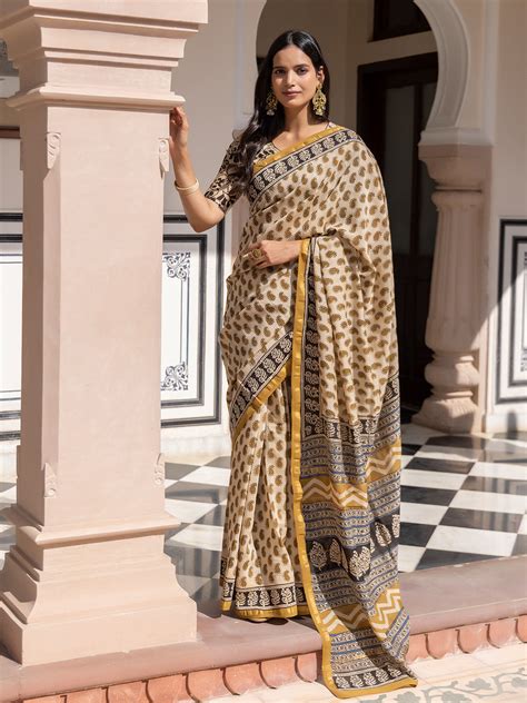 Camel Ajrakh Cotton Saree – Ragavi