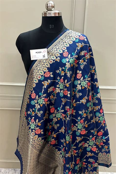 Navy Blue Golden Zari Katan Silk Banarasi Dupatta – Mohsin Textiles
