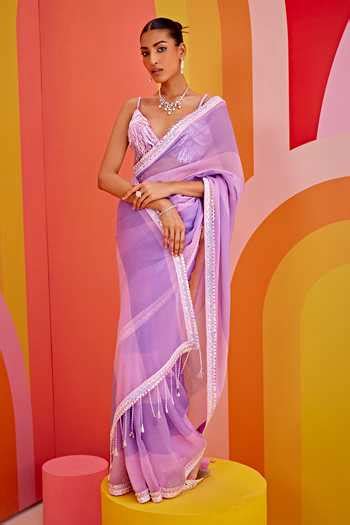 Buy Purple Satin Cut Work, Sequins V-neck Striped Print Saree With ...