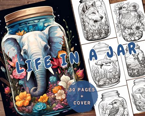 30 Life in a Jar Coloring Book, Grayscale Printable Animals in a Jar ...