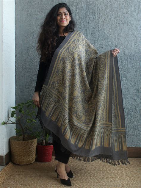 Grey Ajrakh Hand Block Printed Desi Wool Shawl – Weaves of Tradition