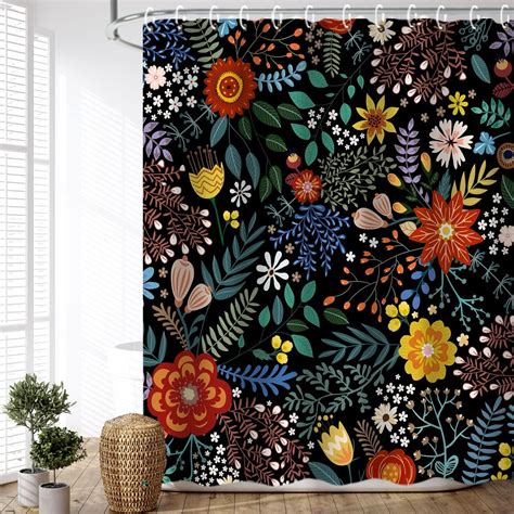 Black Floral Shower Curtain for Bathroom Flower Shower Curtain Dark ...
