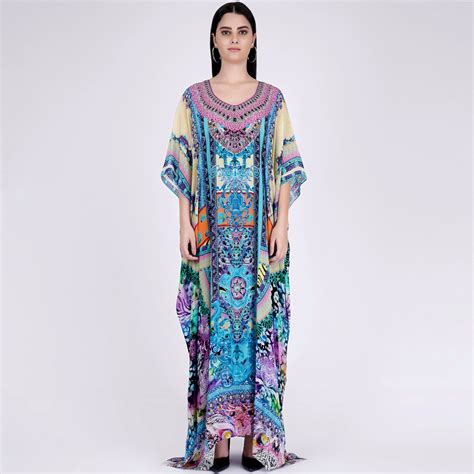 Blue and Pink Abstract Embellished Silk Full Length Kaftan – First ...