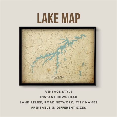 Vintage Style Map of Hyco Lake, North Carolina, USA With City Names ...