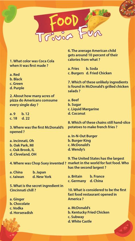 Printable Food Trivia Questions and Answers | Food quiz, Fun quiz ...