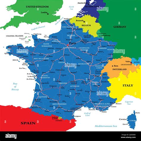 Highly detailed vector map of France with administrative regions, main ...