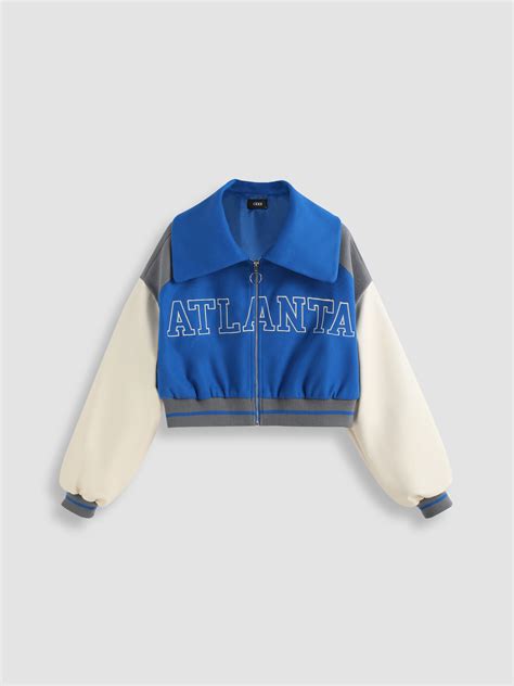 Tweed Collar Atlanta Patchwork Crop Bomber For School Daily Casual