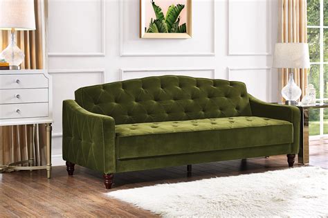 Novogratz Vintage Green Velvet Tufted Sofa Sleeper II, Couch Bed with Diamond & Wood Details ...