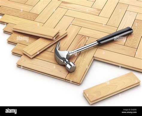 Laying hardwood parquet concept. Hammer on the floor. 3d illustration ...