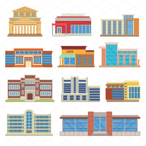 Set of commercial buildings vector | Custom-Designed Illustrations ...