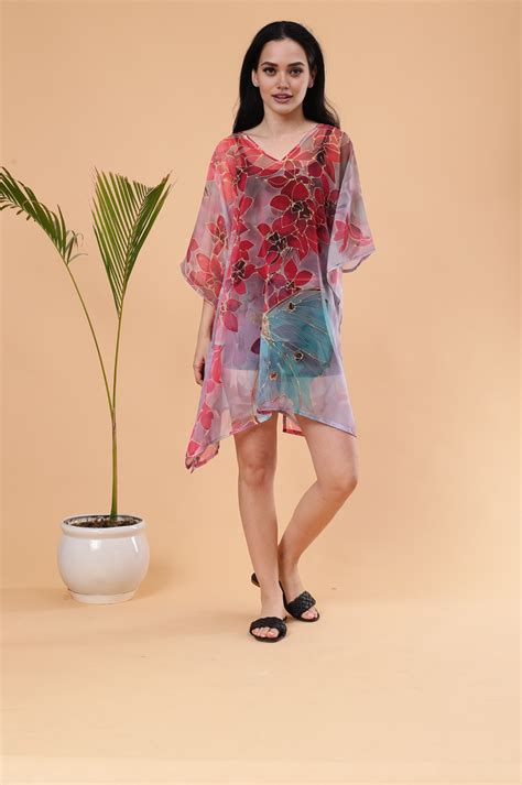Floral Digital Printed Feather silk Fabric Kaftan Midi Dress