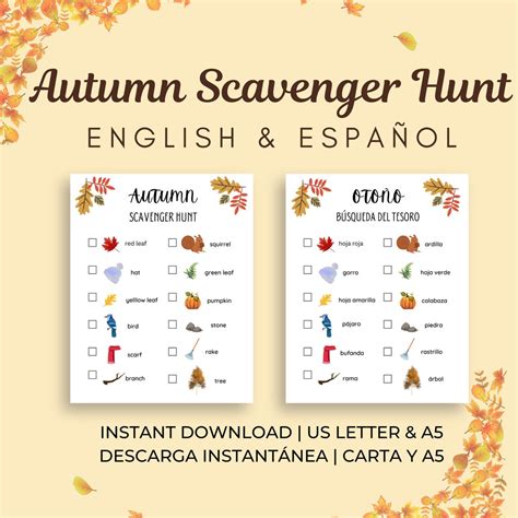 Spanish & English Autumn Scavenger Hunt, Búsqueda Del Tesoro De Otoño ...