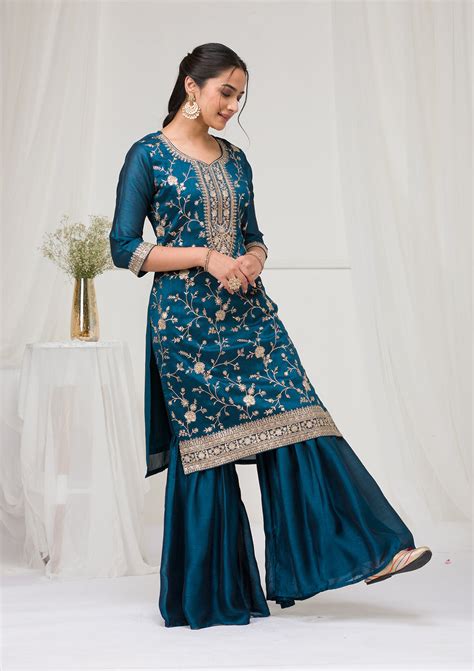 Buy Peacock Blue Zariwork Raw Silk Readymade Salwar Suit - Koskii