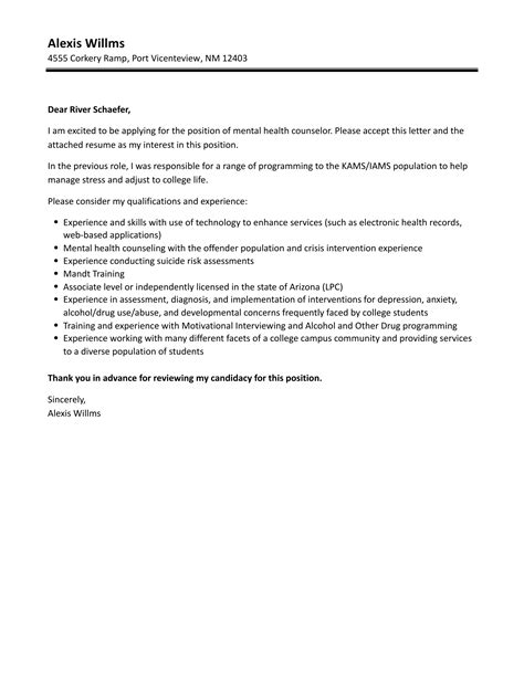 Mental Health Counselor Cover Letter | Velvet Jobs