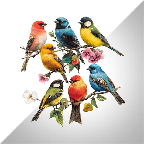 A variety of colourful birds fly in the air isolated on transparent ...