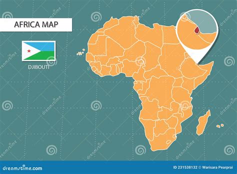 Djibouti Map in Africa Zoom Version, Icons Showing Djibouti Location and Flags Stock Vector ...