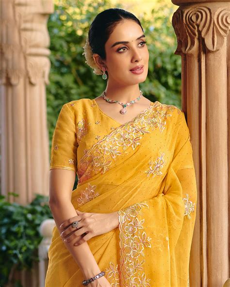 Vishal Prints Mustard Designer Fancy Chiffon Saree With Diamond Work A