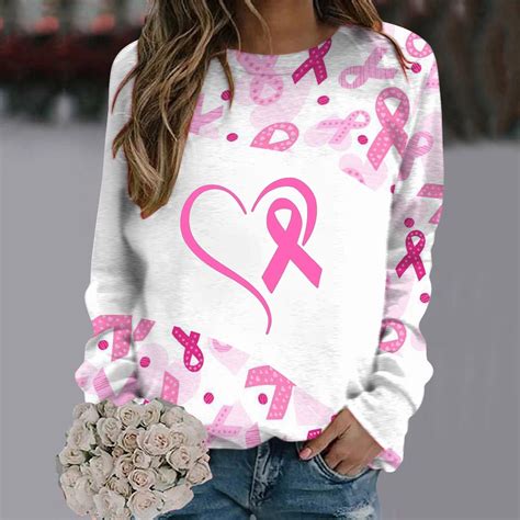 Whlbf Breast Cancer Shirts for Women Pink Ribbon Graphic Awareness Tee Tops Long Sleeve Crewneck ...
