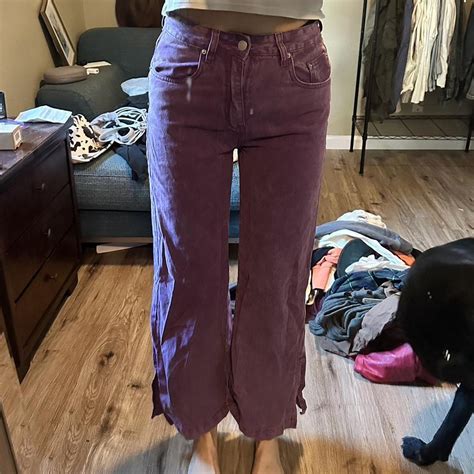 Purple denim pants. Loose around the legs, cinched... - Depop