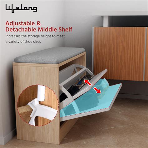 Lifelong Wooden Shoe Rack with Cushioned Seat for Home Entryway ...