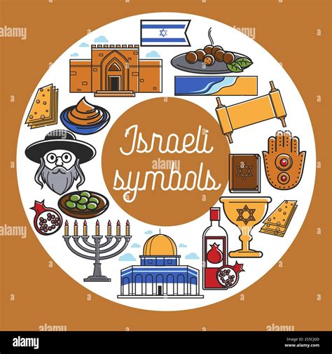 Israeli symbols with cultural and architectural elements poster. Religion attributes, holy ...