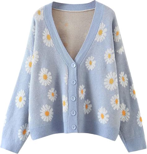 Women Y2K Floral Print Knit Cardigan Sweater Long Sleeve V Neck Button ...