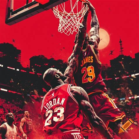 LeBron James dunking on Michael Jordan during a basketball game action ...