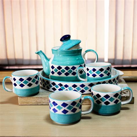 Hand Painted Turquoise Checkered Tea Set With Kettle | Ceramic Tea ...