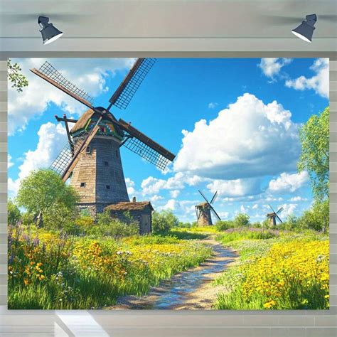 Extra Large Windmill Landscape Photo Backdrop - Idyllic Countryside ...