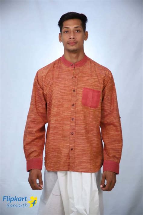 Jharkhand khadi Men Color Block, Striped, Woven Design Casual Orange ...