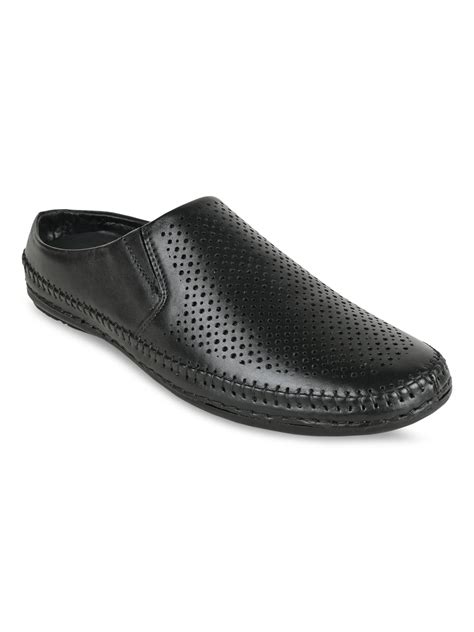 Regal Black Men Laser Cut Leather Mules