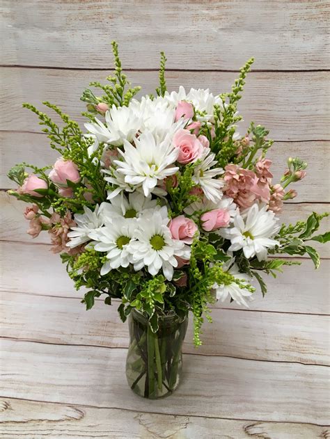 Rustic country feel centerpiece with dazzling white daisies and pink ...
