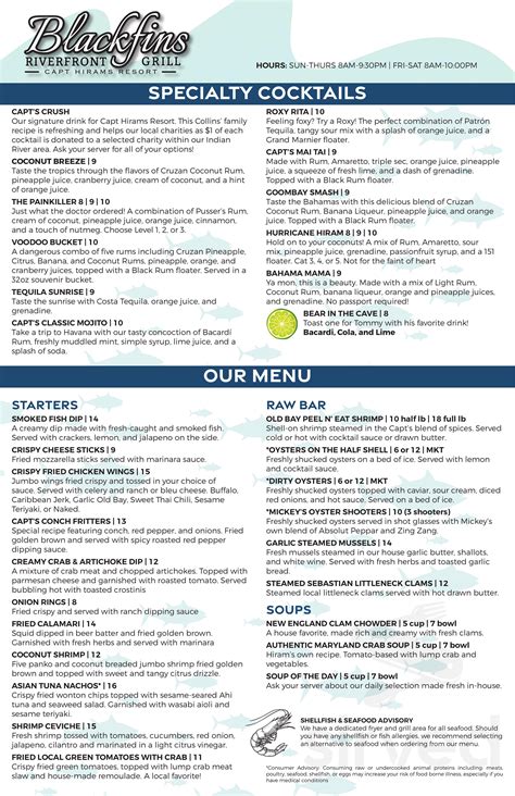 Capt Hirams Resort menu in Sebastian, Florida, USA
