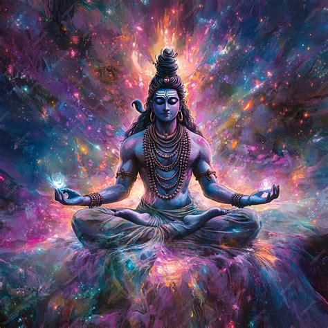 A digital painting of Shiva the Hindu god of destruction and transformation meditating in a ...