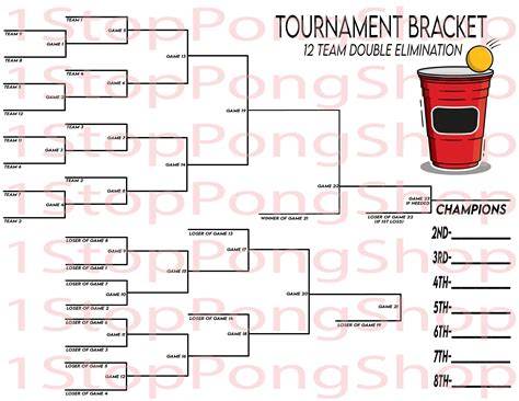 12 Team Double Elimination Beer Pong Tournament Bracket, Instant ...