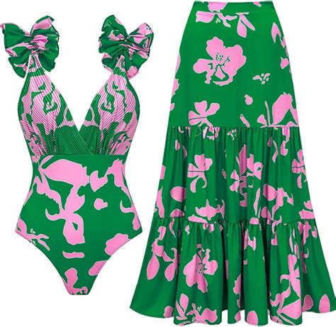 Vevri Swimsuit Matching Skirt V-Neck One Piece Set, Waisted Bikini ...