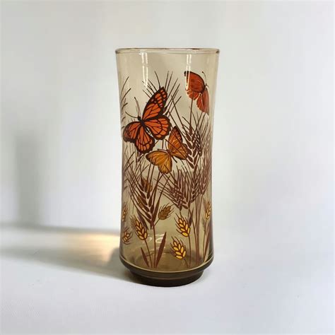 Libbey Drinking Glasses Amber Monarch Butterfly Wheat Pattern 16 Oz 6.5 ...