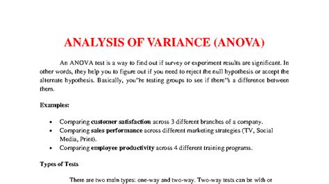 Anova 2 merged - Lecturer - ANALYSIS OF VARIANCE (ANOVA) An ANOVA test ...