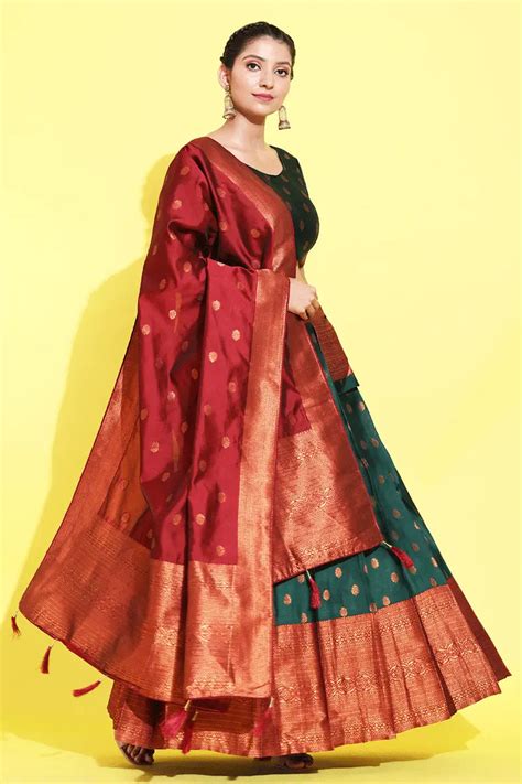 Dark Green Half Saree Combination with Maroon Duppata - Anaya Designer ...