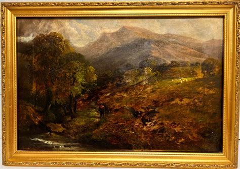 J.Green - Victorian Oil Painting Scottish Highland Landscape Figure by Stream and Sheep For Sale ...