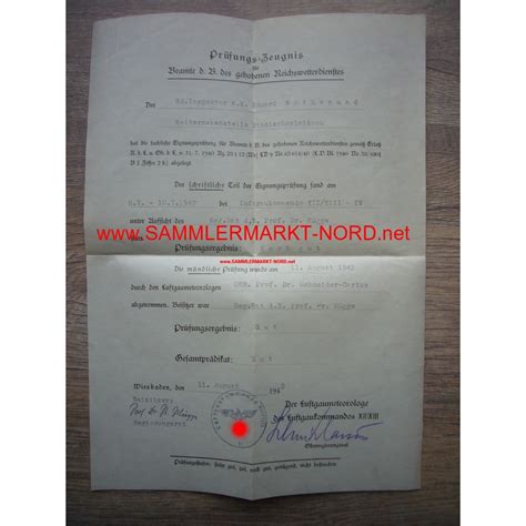 Luftwaffe Examination Certificate - Weather Service, Sammlermarkt-Nord ...