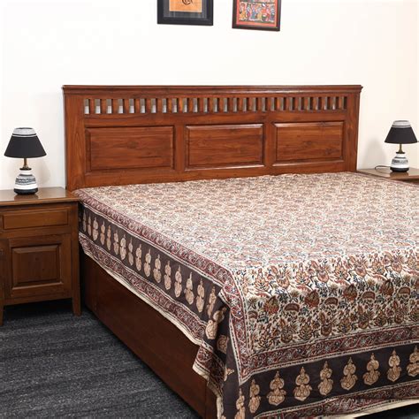 Beige Block Print Cotton Double Pedana Kalamkari Bed Sheet