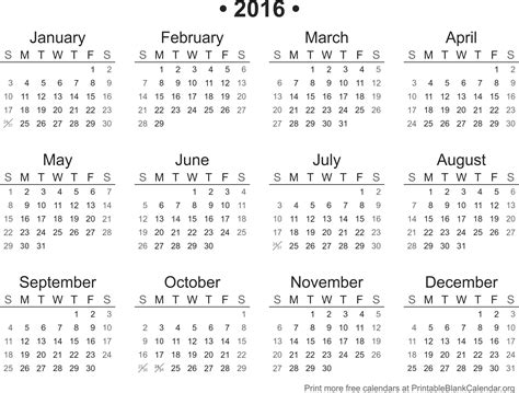 Year Calendar 2016 - Printable And Enjoyable Learning