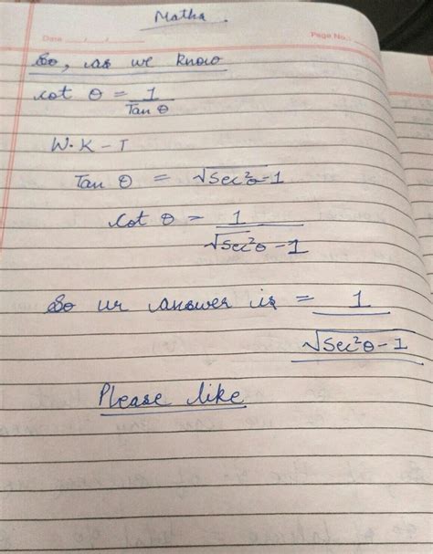 write the trigonometric ratio of cot A in the terms of sec A - Brainly.in