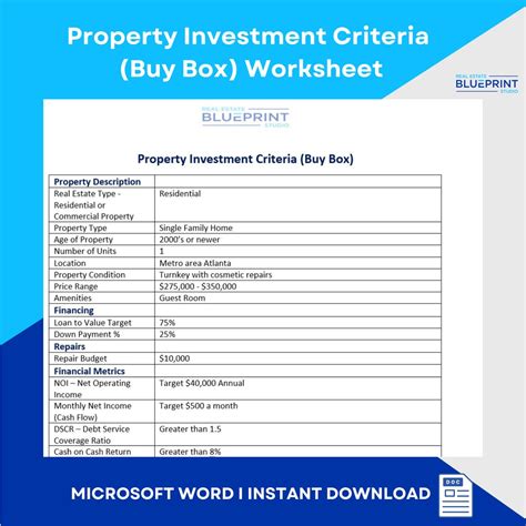 Real Estate Investment Criteria (buy Box) Worksheet L Microsoft Word ...