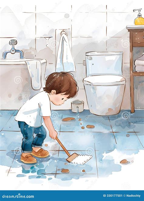Young Child Cleaning Bathroom Floor with Mop and Bucket Stock Image ...