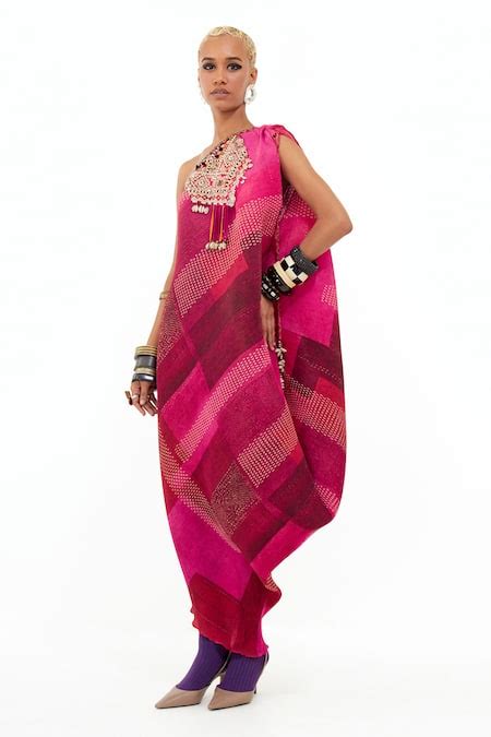 Buy Pink Crepe Embroidery, Tassels, Mirrors Rasa One Shoulder Pleated ...