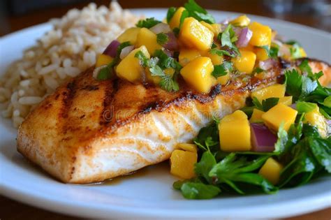Close-up on salmon fillet with fruit salsa, over rice.